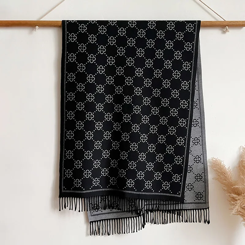 Marken-Jacquard-Design, zweiseitiger Winterschal, Kaschmir, weich, warm, lange Fransen, Pashmina-Schal, kältebeständig, winddicht, Deckenschal – Detail 5