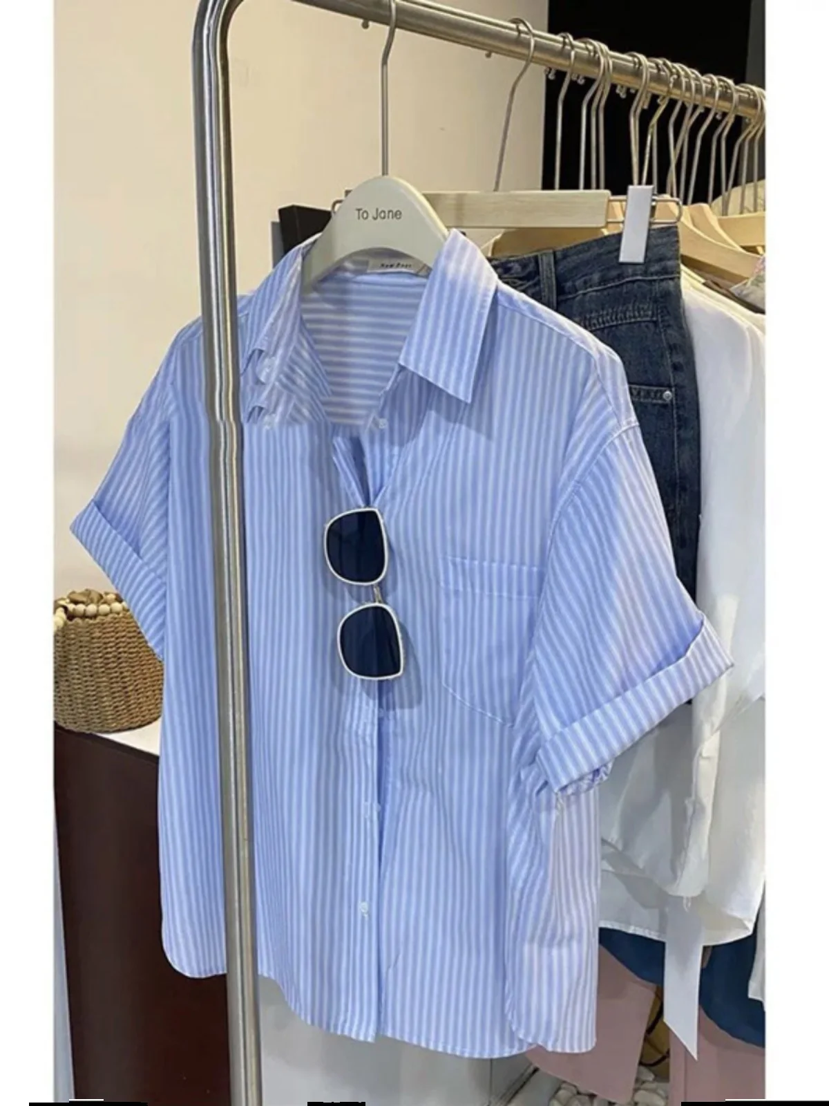 

Extra Large Blue Striped ort Sve irt Men's Sli Breathable Cotton Summer Faionable Loose Fit Youth Trendy