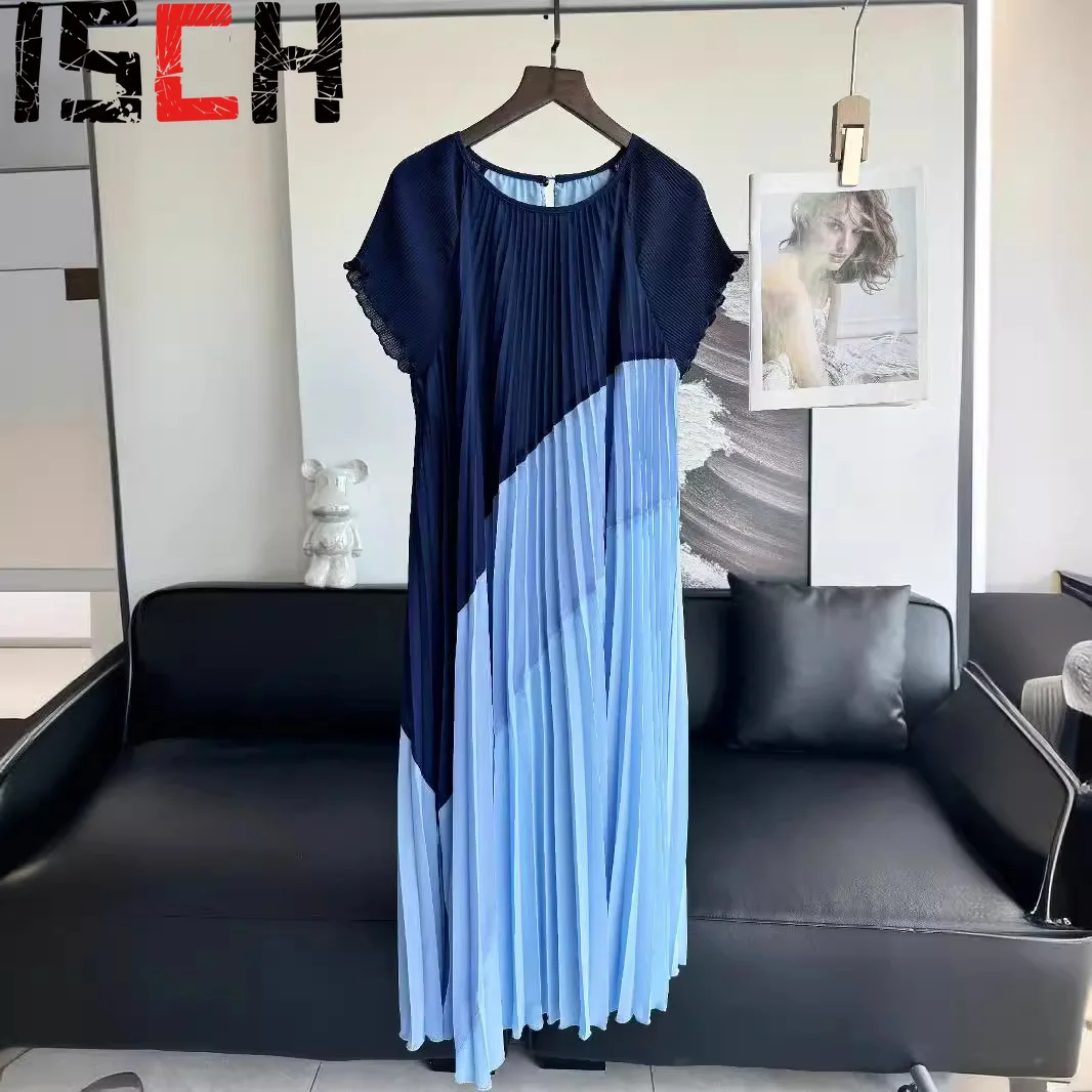 

Pleats Pleated Dresses Summer New Casual Round Neck Short Sleeve Dress Pleated Elegant Fashion Hem Temperament Age Reduction