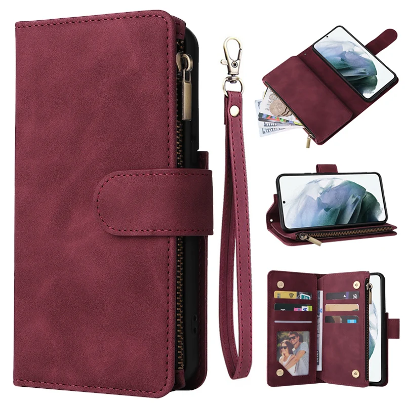 Zipper Wallet Case for Samsung Galaxy S25 S24 S23 S22 S21 S20 S10 Double Layer 9 Card Slots Flip Cover for Galaxy Note 20 Ultra