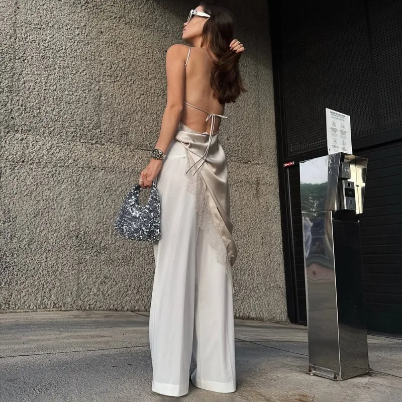 Tuularose Women's Lace Satin Dress Fashion Solid Irregular Lace Patchwork Halter Dress Elegant New Lace Up Female Party Dresses