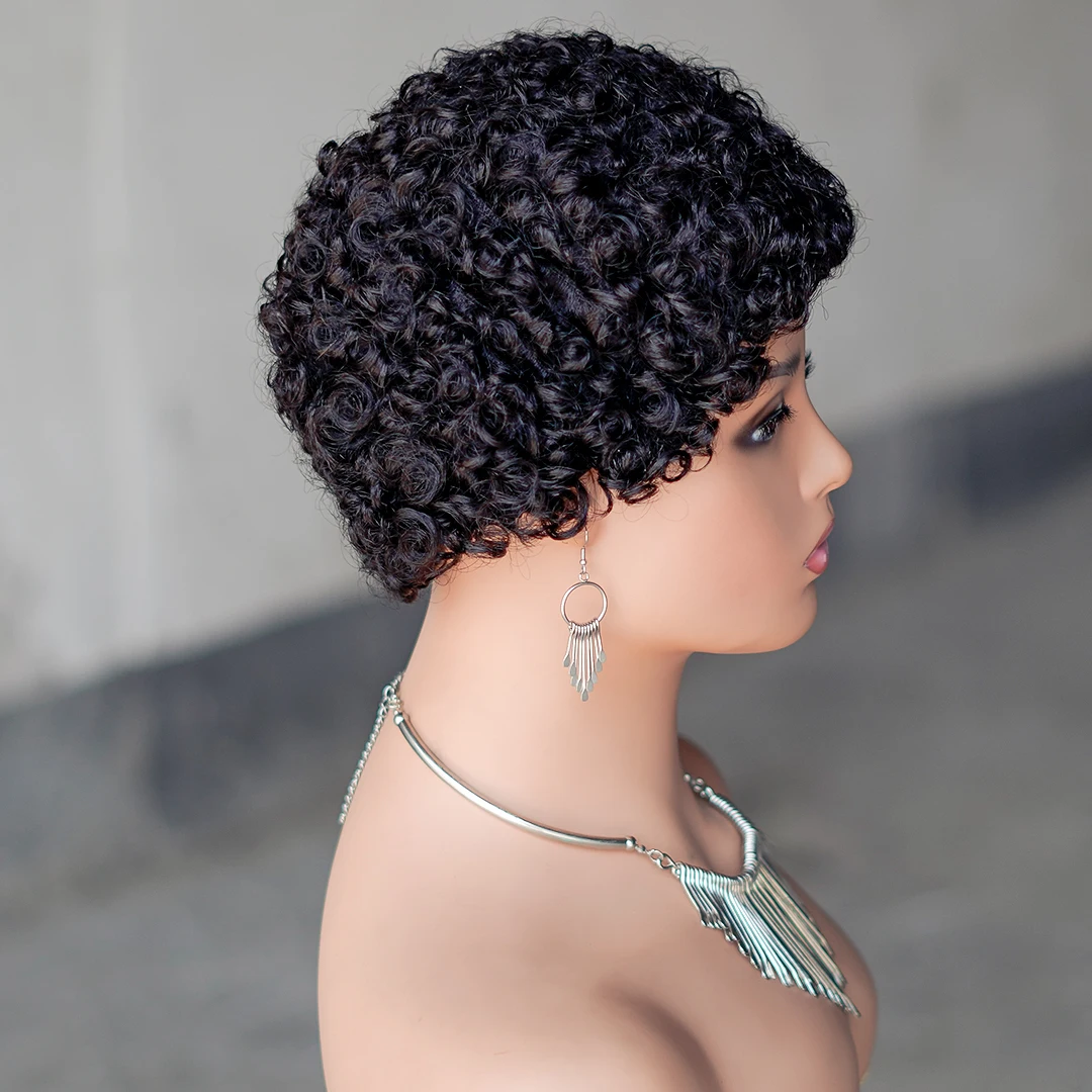 Curto encaracolado perucas para mulheres negras, cor natural, cabelo humano, Pixie corte, onda, máquina feita, densidade de 150%, 4in, 1B #