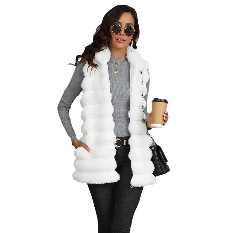 Veste en fausse fourrure pour femme, manteau chaud en émail, gilets à fermeture éclair, cardigan épissure, optique solide, vêtements d'extérieur élégants, automne, hiver