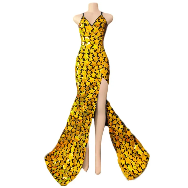 Disfraz de cantante con diseño de estrella dorada brillante, vestido largo con tirantes divididos y espejo láser, ropa de actuación para fiesta de cumpleaños y espectáculo