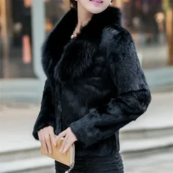 Natural Fox Fur Collar Jacket Genuine Whole Skin Rabbit Fur Coat Luxury Real Full Pelt Rabbit Fur Overcoat Winter Coat Women