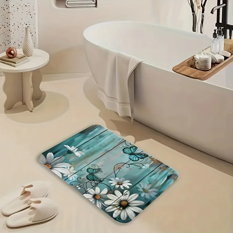 1pc Daisy‑Butterfly‑Wood‑Print Welcome Doormat, Water‑Absorbent Non‑Slip Floor Mat for Bathroom, Home Decor