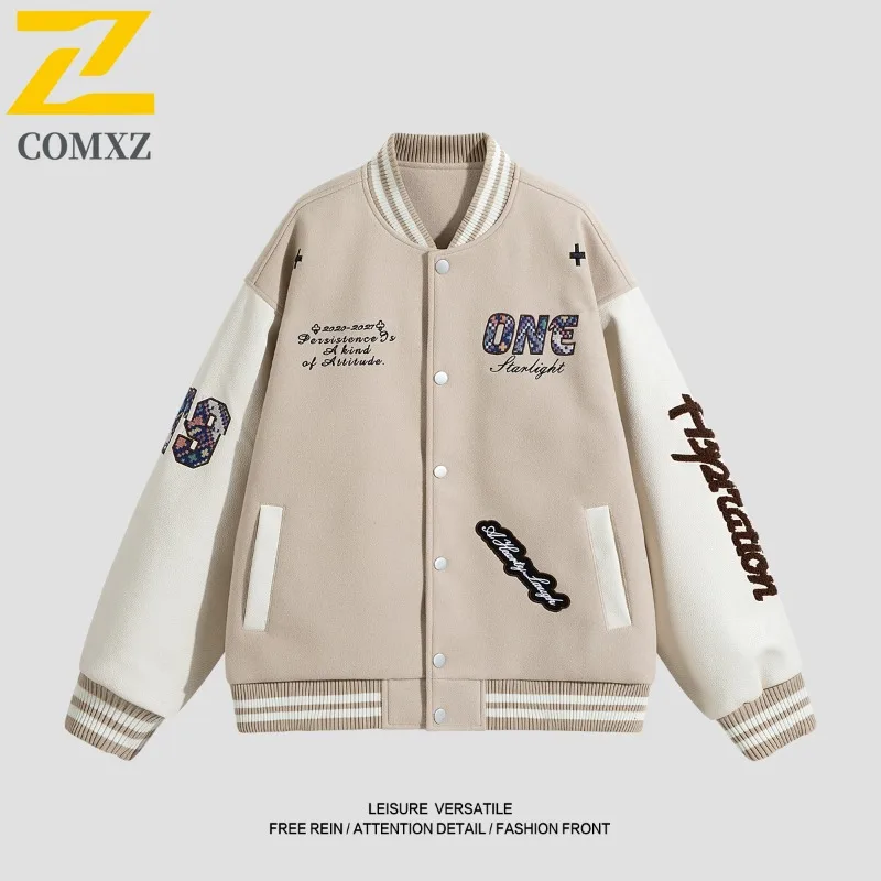 

COMXZ 2025 Leisure Outdoor Sport Baseball Long Sleeve Color Block American Style Embroidery Flight Stand Collar softshell Jacket