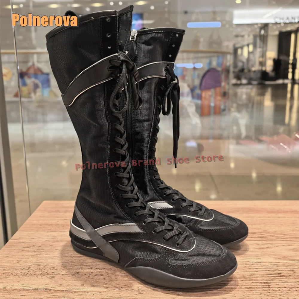 

Серебристые сапоги до колена на шнуровке с круглым носком, толстая подошва, размер на молнии, лоскутные женские модные длинные сапоги, уличный стиль, тренд 2025 г.