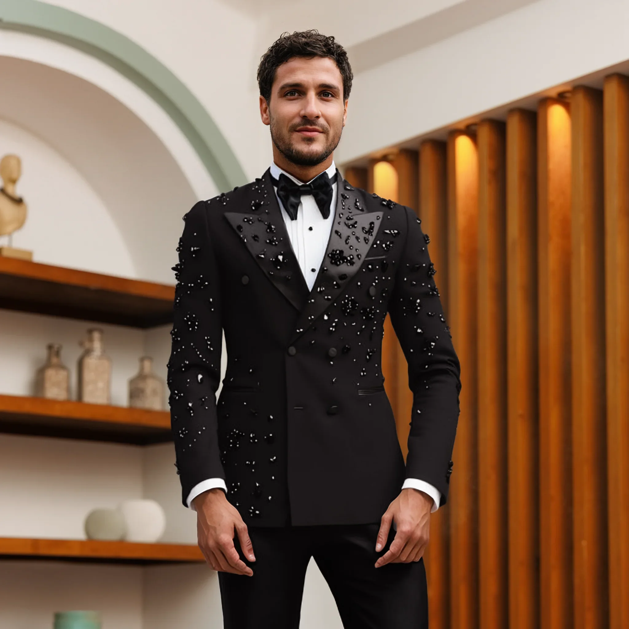 

Wedding Suits For Men Black Crystal Beaded Groom Tuxedos 2 Pieces Set Male Prom Double Breasted Blazers Terno Masculinos