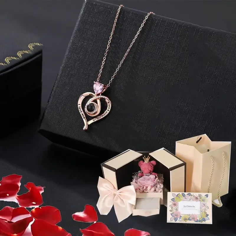 Customized Color Photo Projection Heart Necklaces With Cute Bear Rose Flower Gift Box Fashion Birthday Valentine Gifts