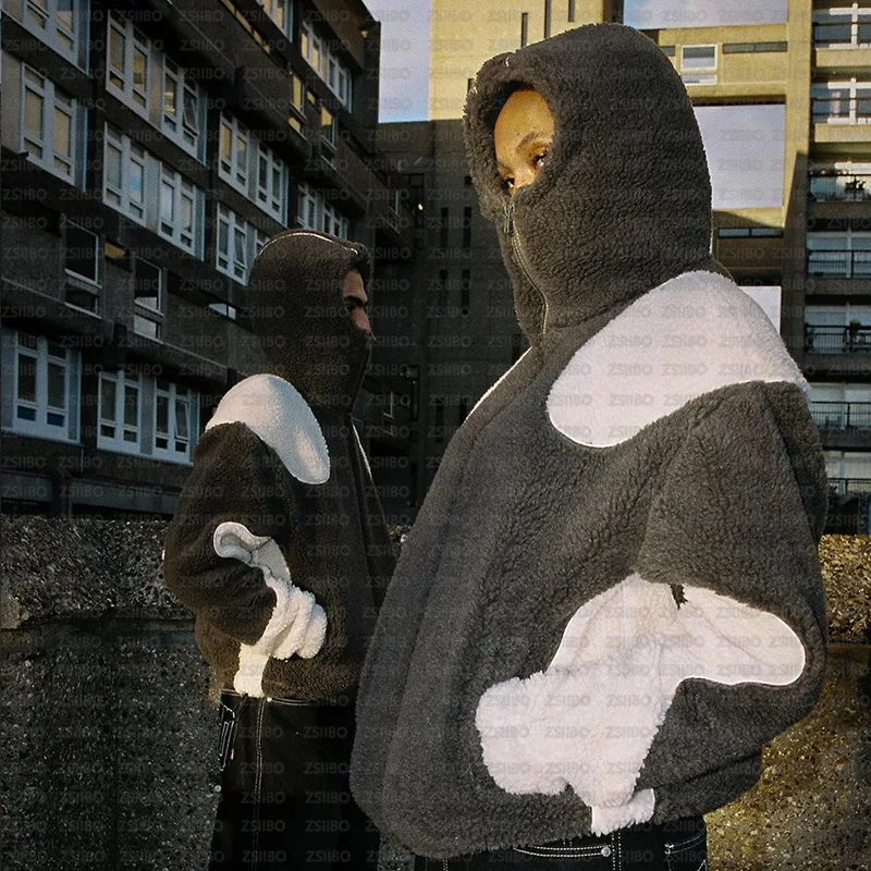 

Polar Fleece Plush Coat Sweater Contrast High Street Hooded Zipper Coat