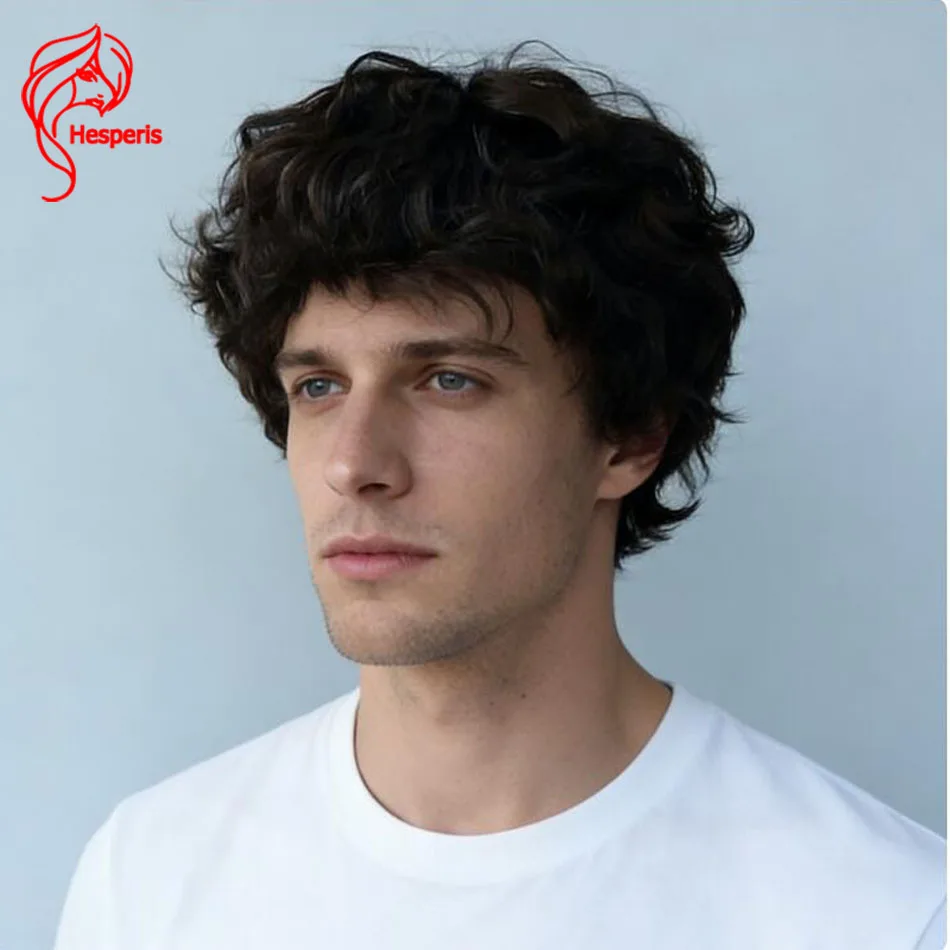 Hesperis Way Full Lace Wig for Men with Bangs Remy Short Cut Human Hair Natural Wave Pixie Cut Wigs Pre Styled