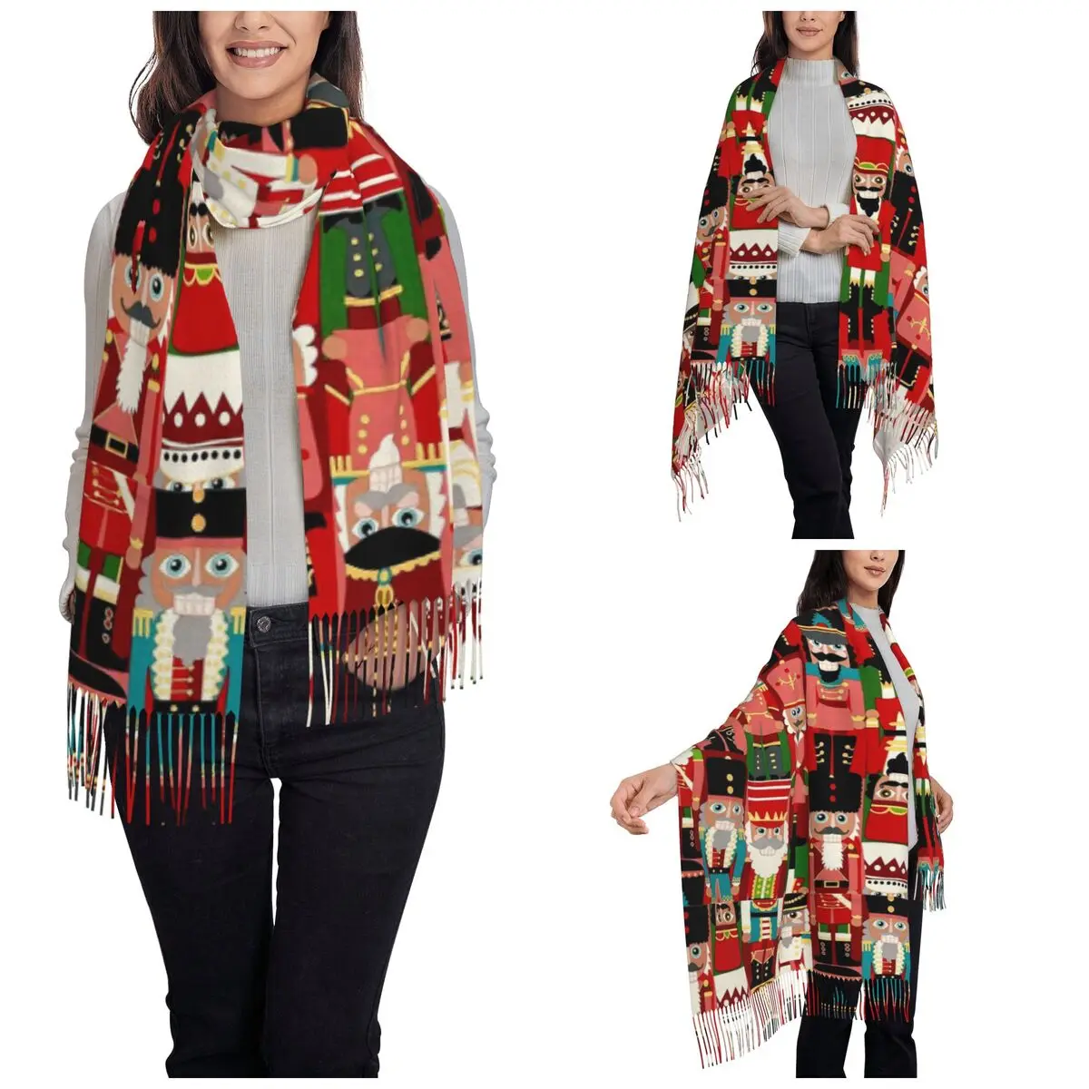 Merry Christmas New Year Scarf for Women Winter Warm Reversible Shawl Wrap Nutcracker Long Shawl Scarf Lightweight