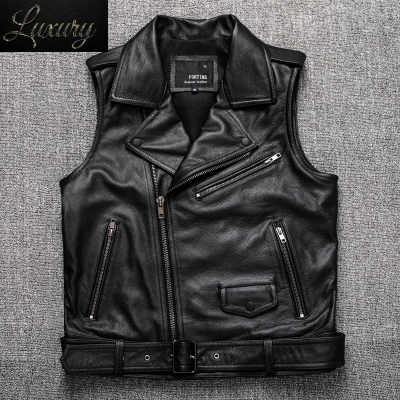 

2024 New Black Motorcycle Biker Leather Vest Men Genuine Oblique zipper Sleeveless Jackets High Quality Cowhide Vests