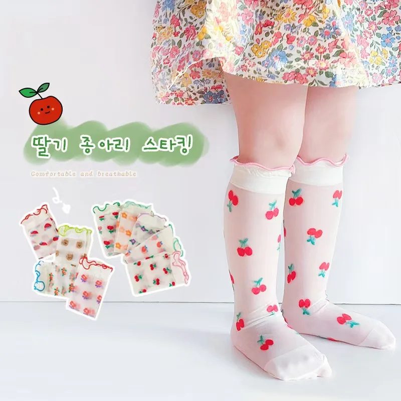 Lace Kawaii Baby Kids Embroidery Fruit Long Socks Cute Strawberry Ultra-thin Girl's Floret Patterned Transparent Knee Stockings