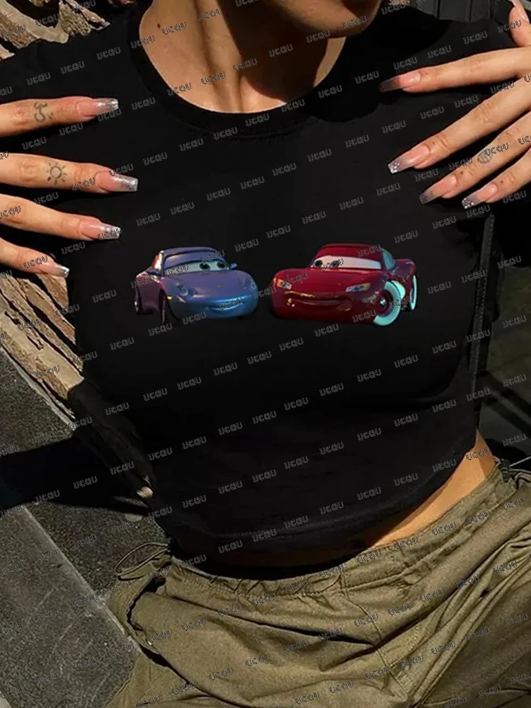 2025 Zomer Nieuwe Lightning Mcqueen Print T-shirt Voor Vrouwen Korte Mouw Crop Top Streetwear O-hals Tees Vintage Casual Y2k Tops