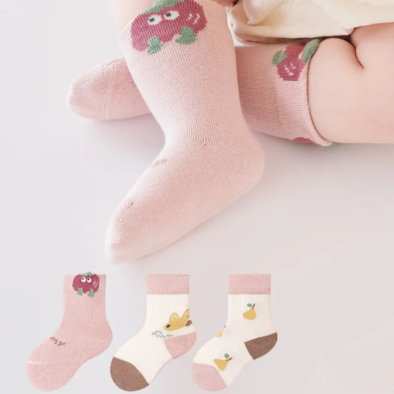 3Pairs/lot Children's Socks Spring Autumn Pure Cotton Baby Girls Socks Cartoon Print Middle Tube Sock 0-3 Years Old Boys Socks