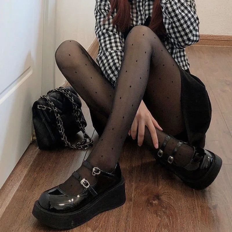 مثير جوارب سوداء النساء القلب البولكا نقطة القوس عقدة لوليتا جوارب طويلة ضيق عالية الجوارب الإناث شفافة جوارب مرنة عالية #2