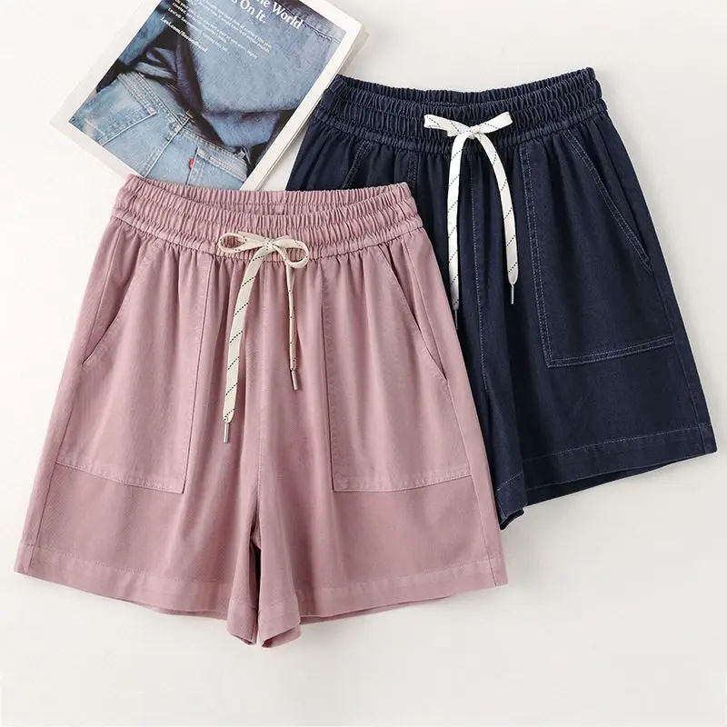 Vrouwen zomer dunne ijszijde denim shorts casual grote zakken trekkoord elastische taille korte jeans veelzijdige wijde pijpen hotpants