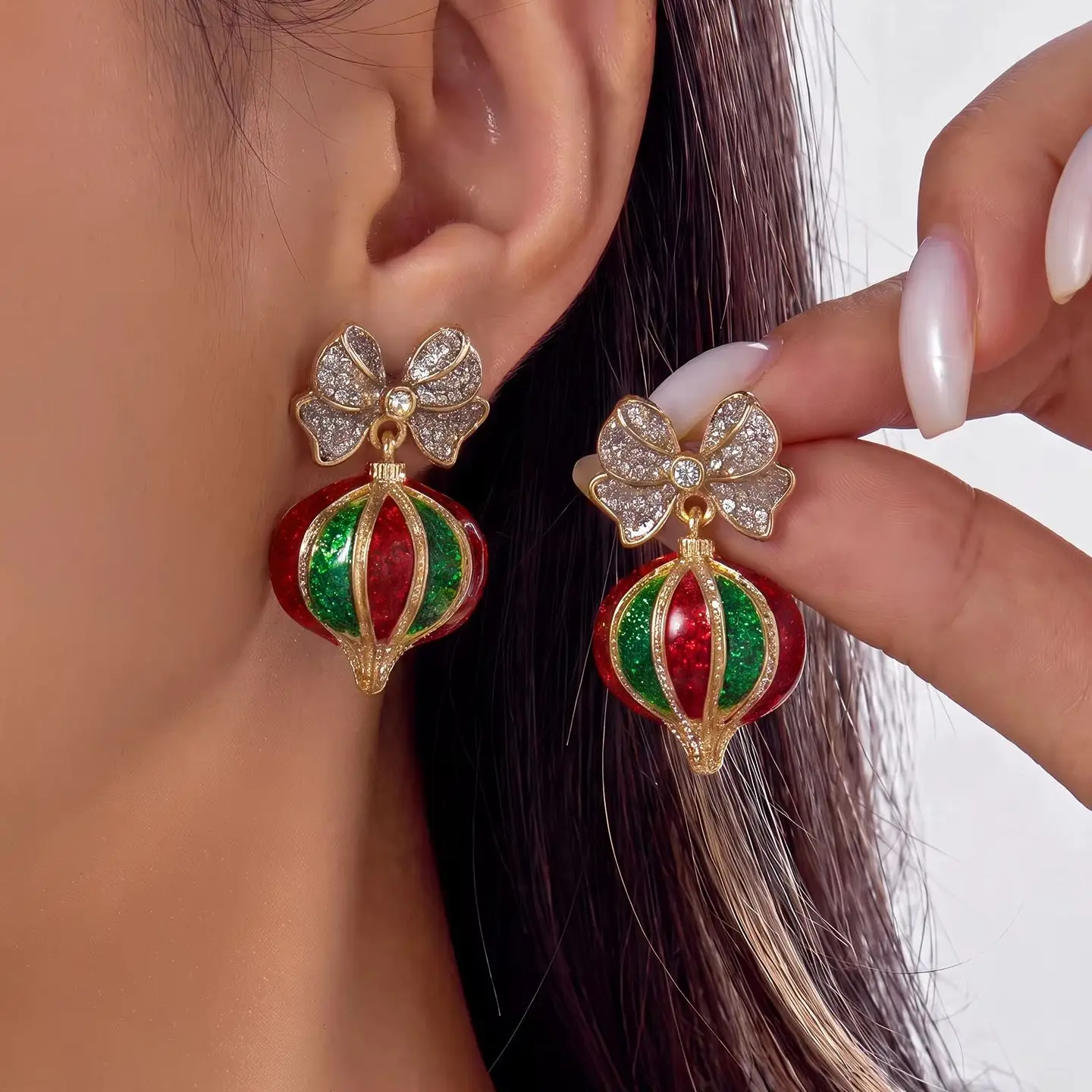 Shiny Crystal Bowknot Stud Earrings For Women Glitter Red Green Enamel Lantern Shape Dangle Earring New Year Xmas Jewelry Gift