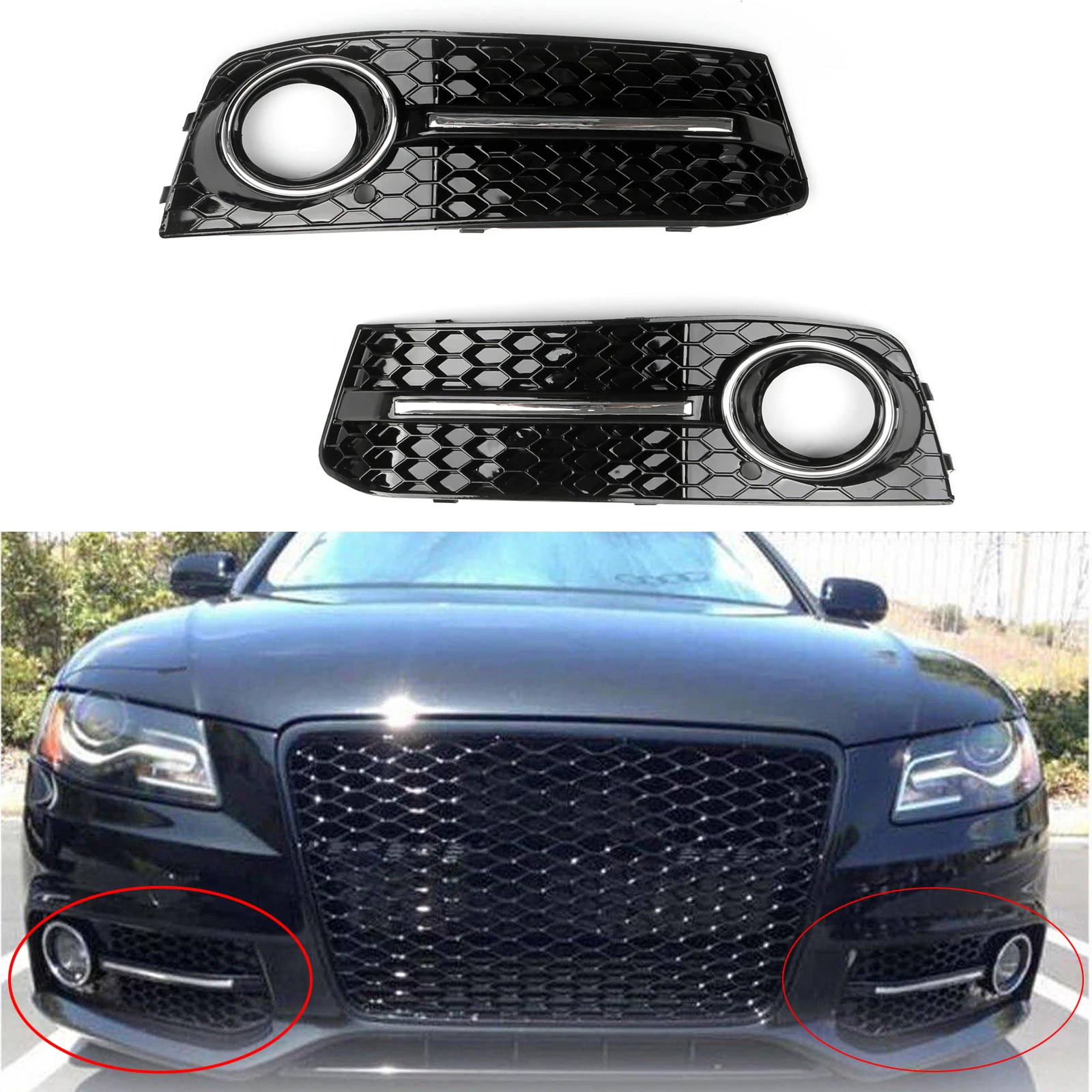 Artudatech LH Chrome Honey Comb Fog Light Cover Grille Grills For Audi A4 B8 2009-2012
