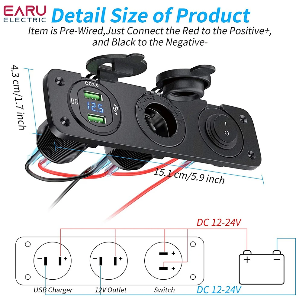 12v tomada de isqueiro 3 em 1 à prova dwaterproof água carro duplo qc3.0 painel tomada usb para rv barco marinho tomada carregador