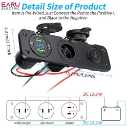 12V Cigarette Lighter Socket 3 in 1 Waterproof Car Dual QC3.0 USB Outlet Panel for RV Marine Boat Power Socket Charger Socket