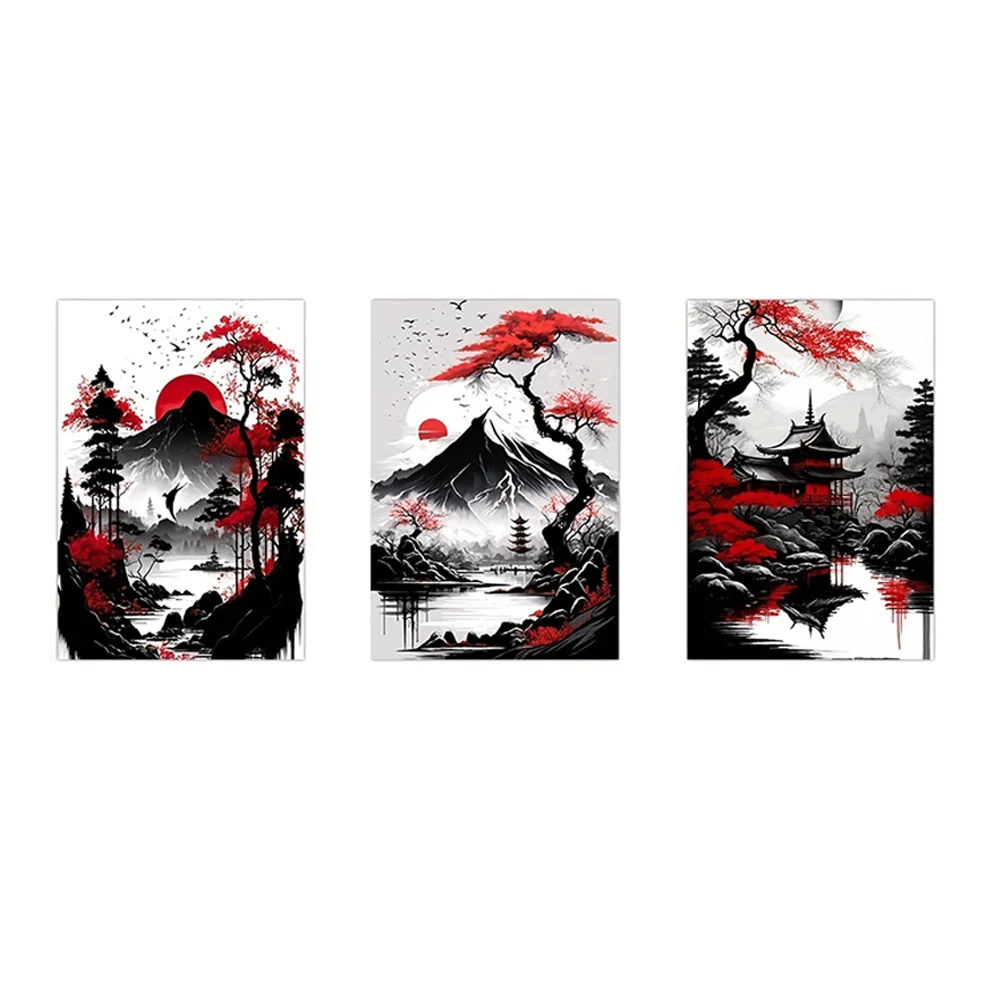 Canvas Prints Black Red Fuji Mountain Painting Japanese Landscape Wall Art Poster Picture for Living Room Home Decor Mural