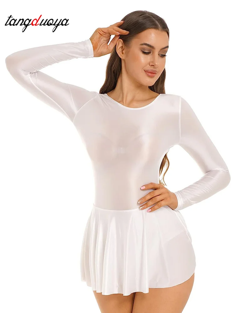 Womens Oil Glossy Long Sleeve Ruffled Bodycon Round Neck Dress Solid Color Leotard Dresses Gymnastic Ballet Dance Dress