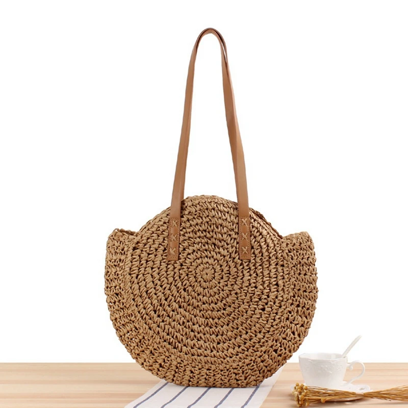 Stro Strandtas Vintage Handgemaakte Geweven Schoudertas Raffia Cirkel Rotan Zakken Bohemian Zomervakantie Casual Tassen