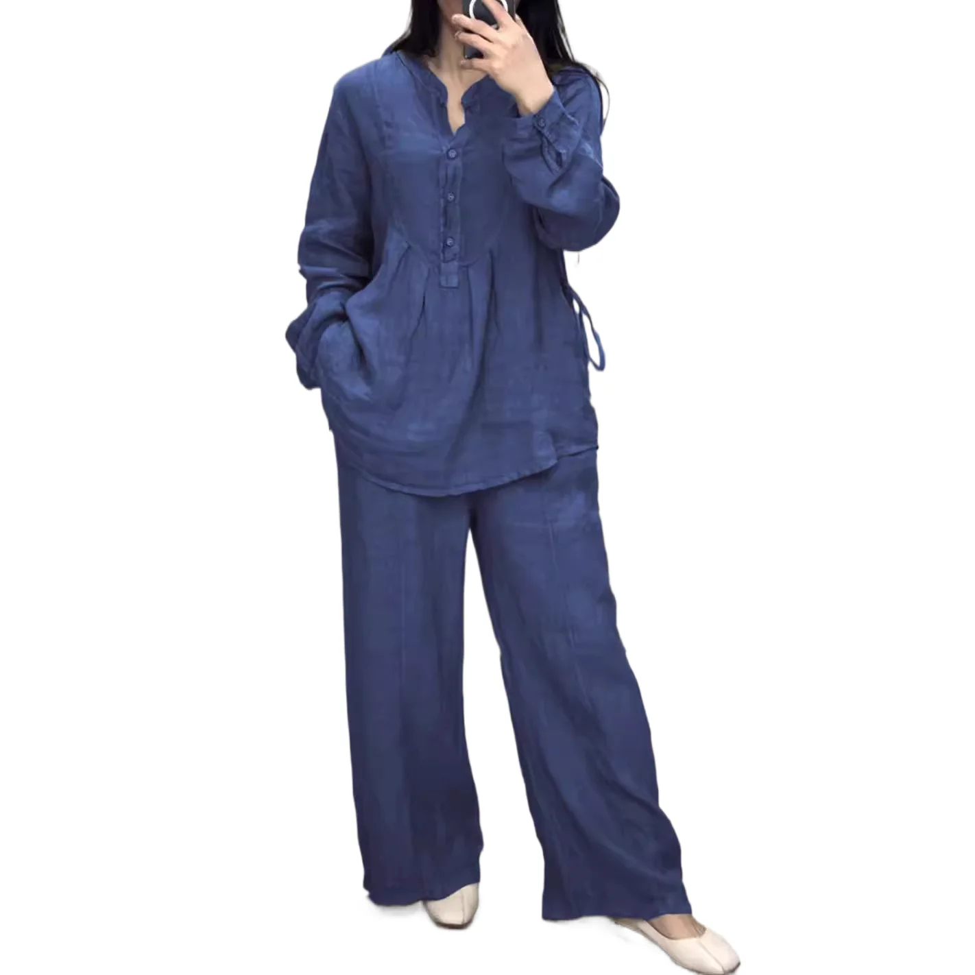 

Loose Cotton Linen Suit For Women Casual Solid V-neck Long Sleeved Lace Up Top Straight Trousers 2 Piece Set Autumn Fashion New
