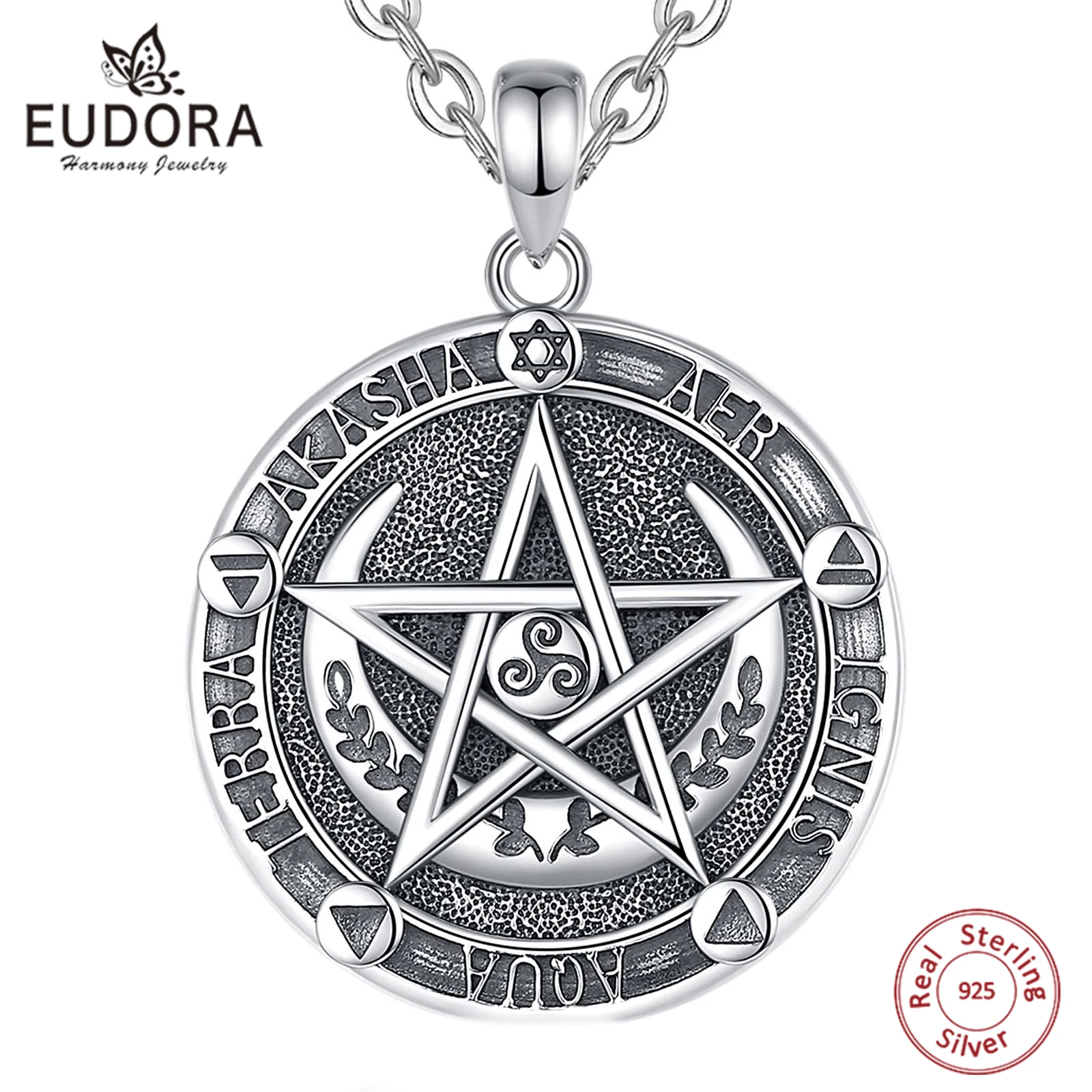 Eudora 925 Sterling Silver Witch Pentagram Necklace for Man Women Olive Leaf Peace Amulet Pendant Witchcraft Jewelry Wicca Gift