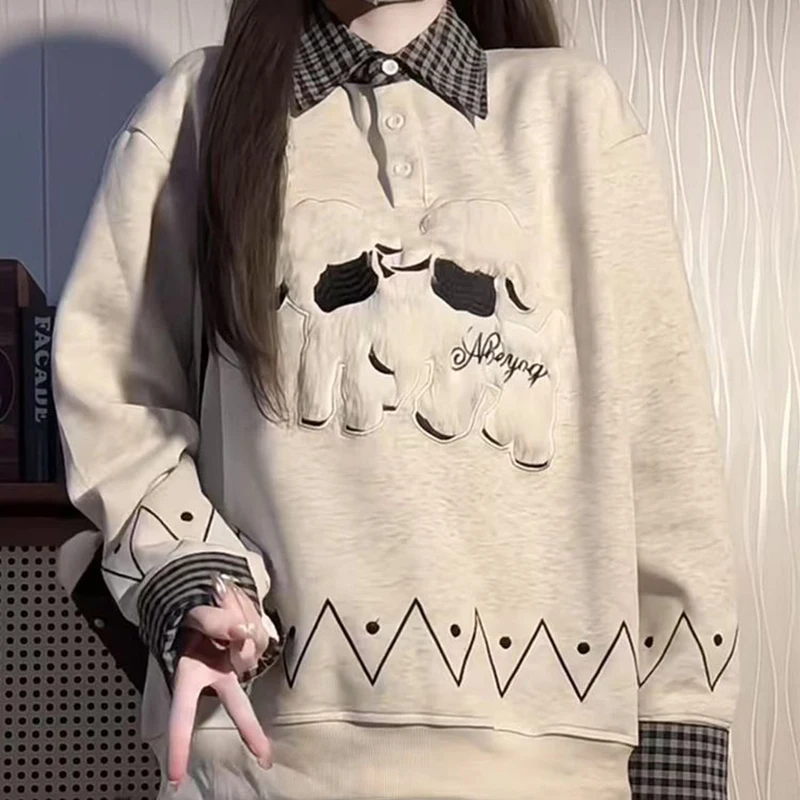 Korean fake two-piece flocking cartoon cute lamb plaid polo collar sweater women's spring new college style stitching shirt coat