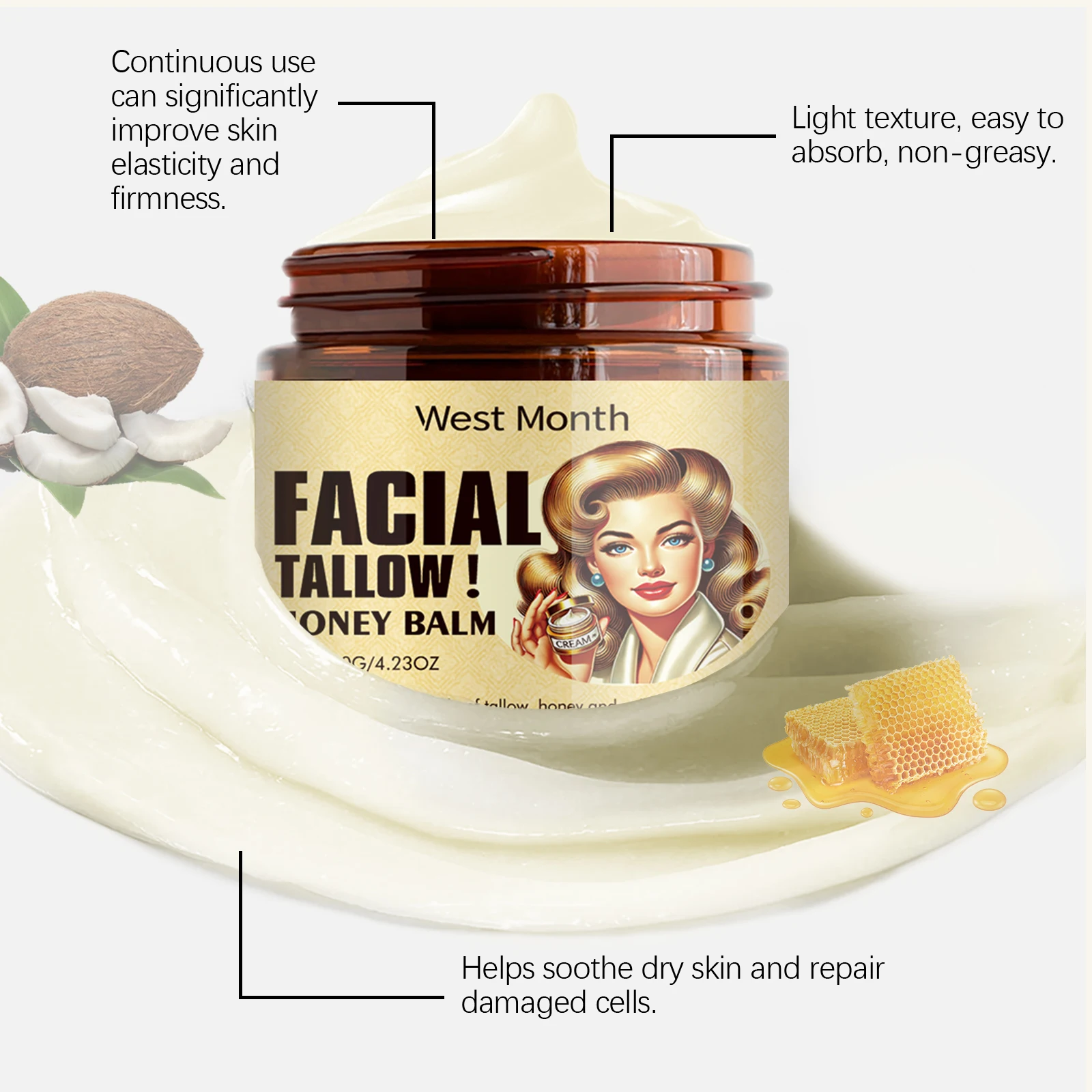 120g Tallow Honey Moisturizing Cream - Hydrating, Nourishing & Soothing Body Lotion Dry Skin Leaves Skin Soft & Supple