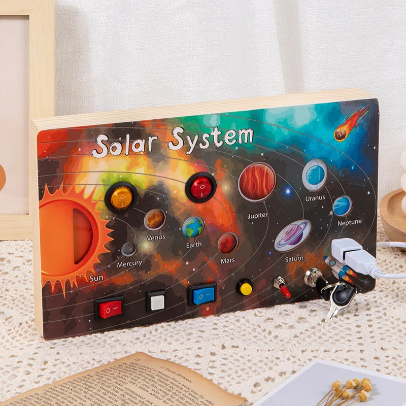 Solar System LED Light Busy Board Wooden Electronic Busyboard Switch Physical Educational Montessori Toys for Kids Daily Skill