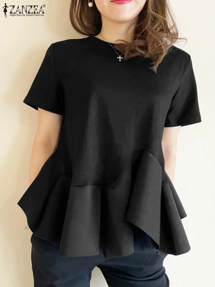 ZANZEA 2024 Summer Oversized Women Blouses Short Sleeve O Neck Ruffle Patchwork Tops Casual Loose Solid Color Blusas Femininas