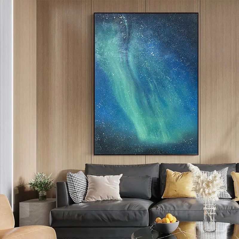 Hand-painted blue-green starry sky living room decorative painting, porch niche texture aurora art sandstone