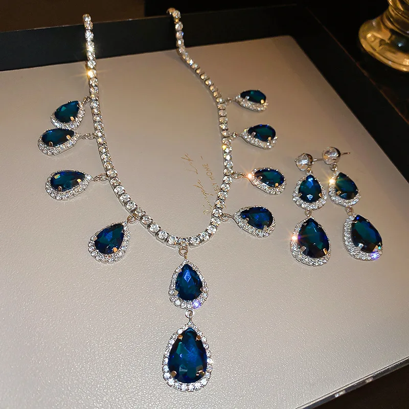 Sapphire blue earrings necklace set French luxury palace clavicle chain