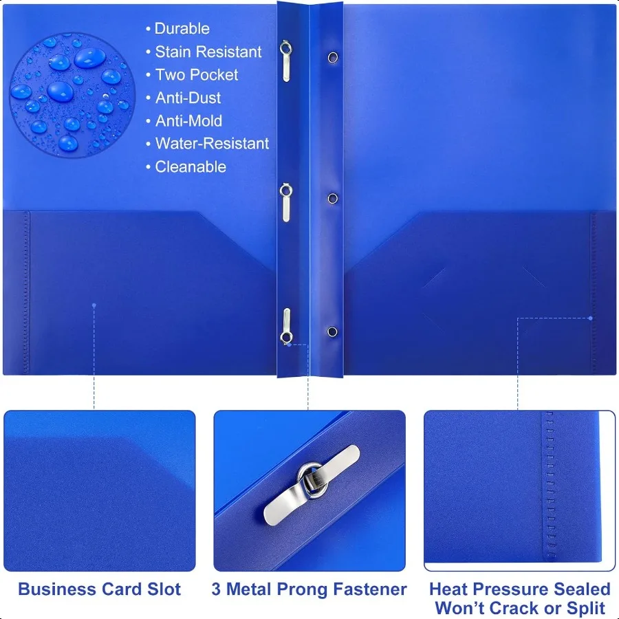 48 قطعة من المجلدات البلاستيكية مع جيوب وشقوق 2 مجلدات جيب شديدة التحمل مع 3 شوكات ومثبتات للمكتب باللون الأزرق الكلاسيكي