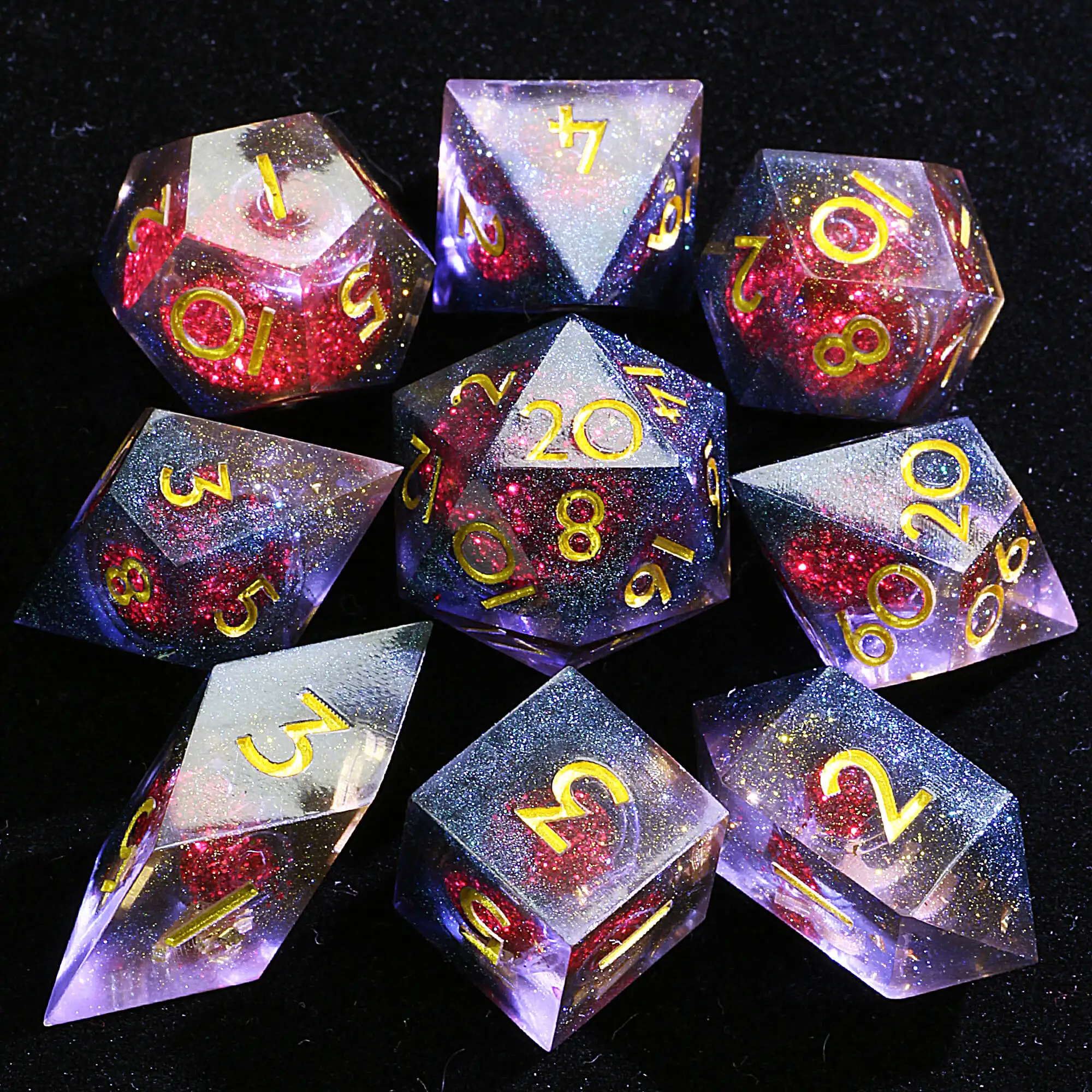 9 Polyhedral Resin Liquid Sets D and D Dice Crimson Core Shell