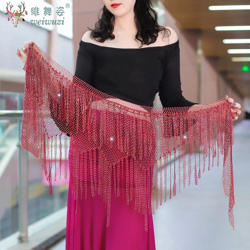 เข็มขัดเต้นรำท้องสำหรับผู้หญิง AB Stones Tassel Triangle Hip Scarf Adult Oriental Dance Practice Accessories Belts