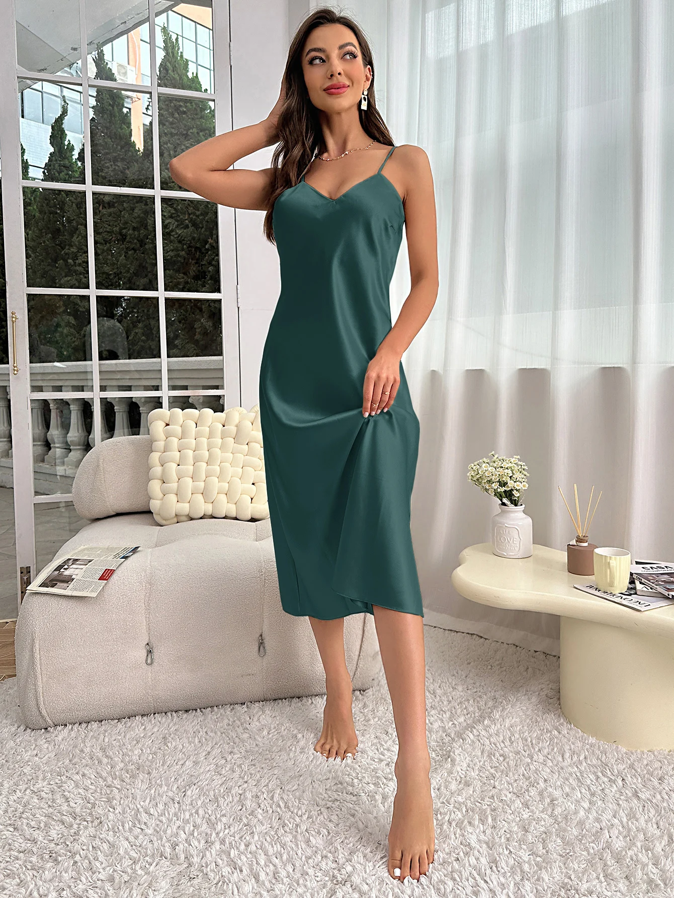 Damen-Nachthemd, Spaghettiträger, V-Ausschnitt, elegant, luxuriös, bequem, atmungsaktiv, Loungewear, entspannend, täglich, Freizeit, klassischer Stil – Detail 14