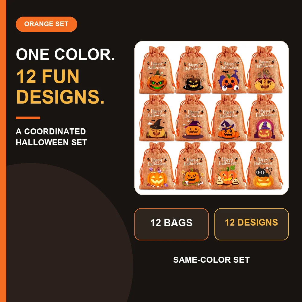 12PCS Halloween Candy Bags Mini Drawstring Trick or Treat Gift Pouches Party Favor Goodie Bags 12 Designs