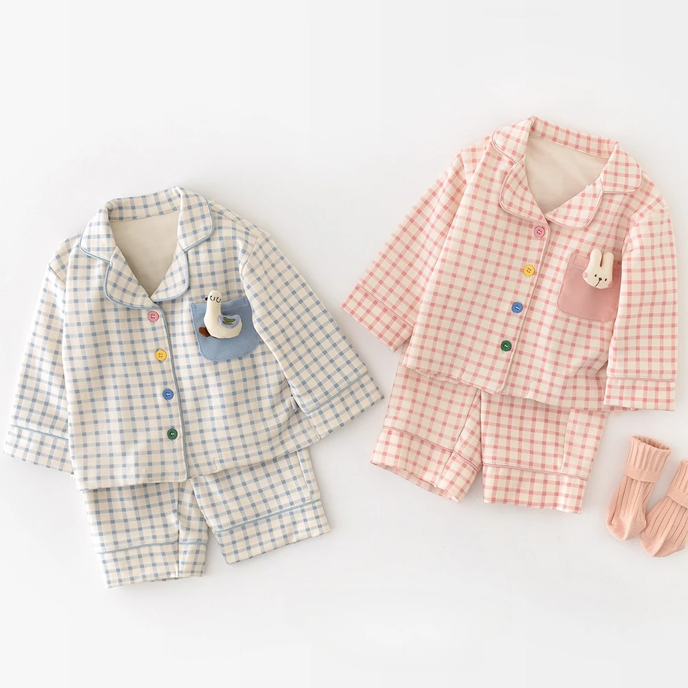 2025 Autumn Baby Sleepwear Set 0-3T Cute Plaid Lapel Doll Cardigan and Pants 2Pcs Baby Boys Girls Pajamas Sets Kids Home Wear