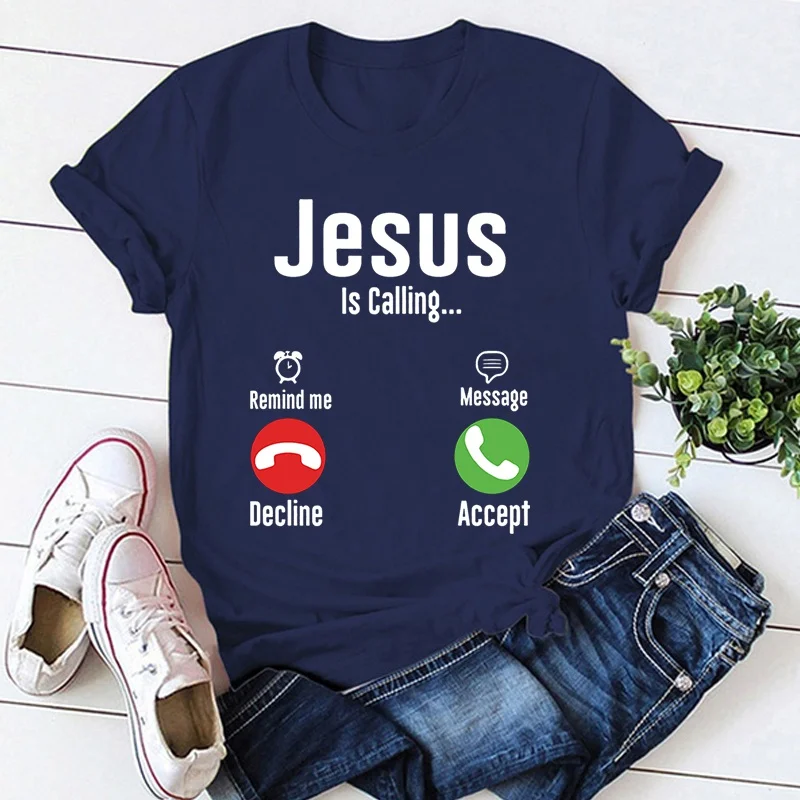 Fashion Jesus Is Calling Print T-Shirt Unisex Loose Short Sleeve Round Neck Top