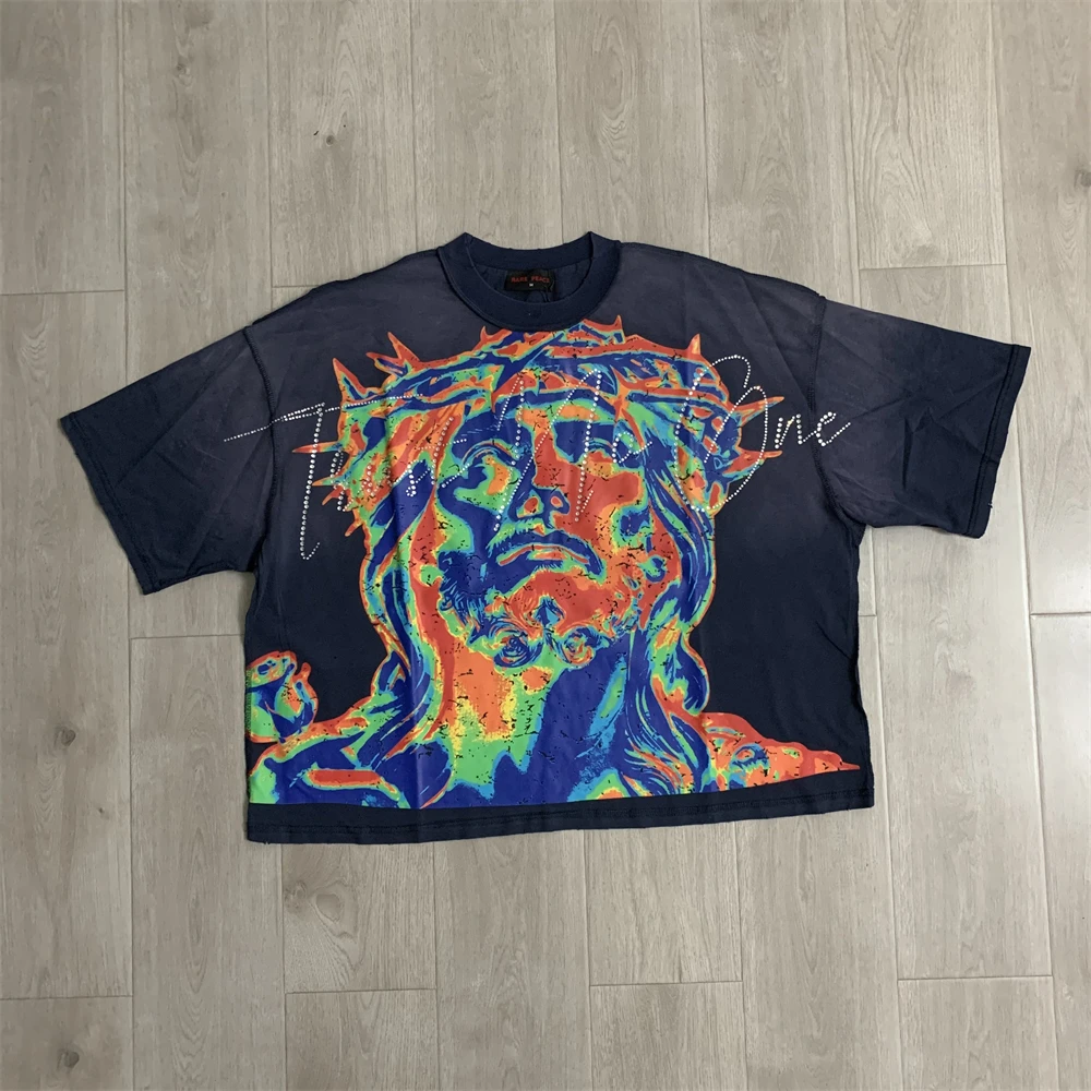 Rare Peace Trust No One Rhinestone Crop Oversize T Shirt Men Women Best Quality Thermal Imaging Jesus Print Tee Tops T-Shirt