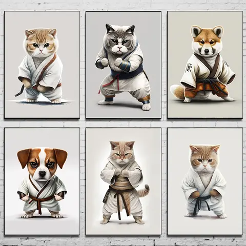 Póster de mascotas de Karate, animales bonitos, carteles de Karate de anime japonés, paredes impresas en lienzo con decoración artística para decoración de la habitación de la casa