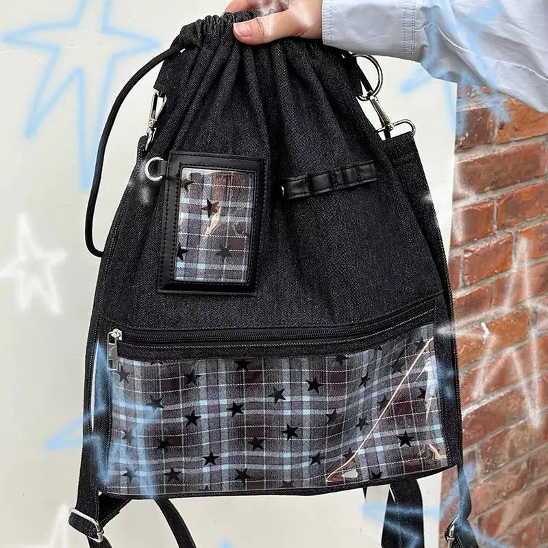 

Richme Denim Backpacks Women 2025 Clear Window DIY Anime Badge Bag Female Aesthetic Harajuku Plaid Daily Commute Bolso Mujer
