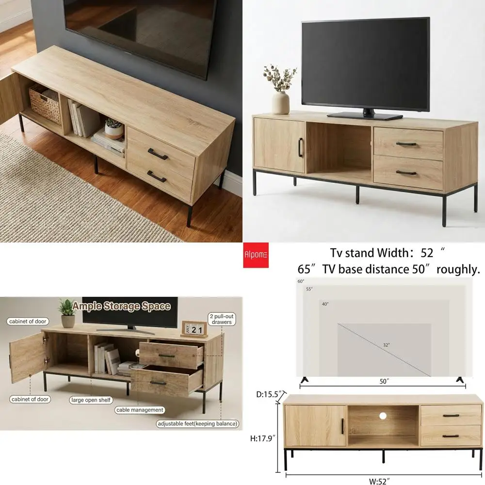 

Modern 55-60 Inch Wood TV Stand with Storage, 52 Entertainment Center Console Table, 2 Drawers & Door Cabinet for Living Room &