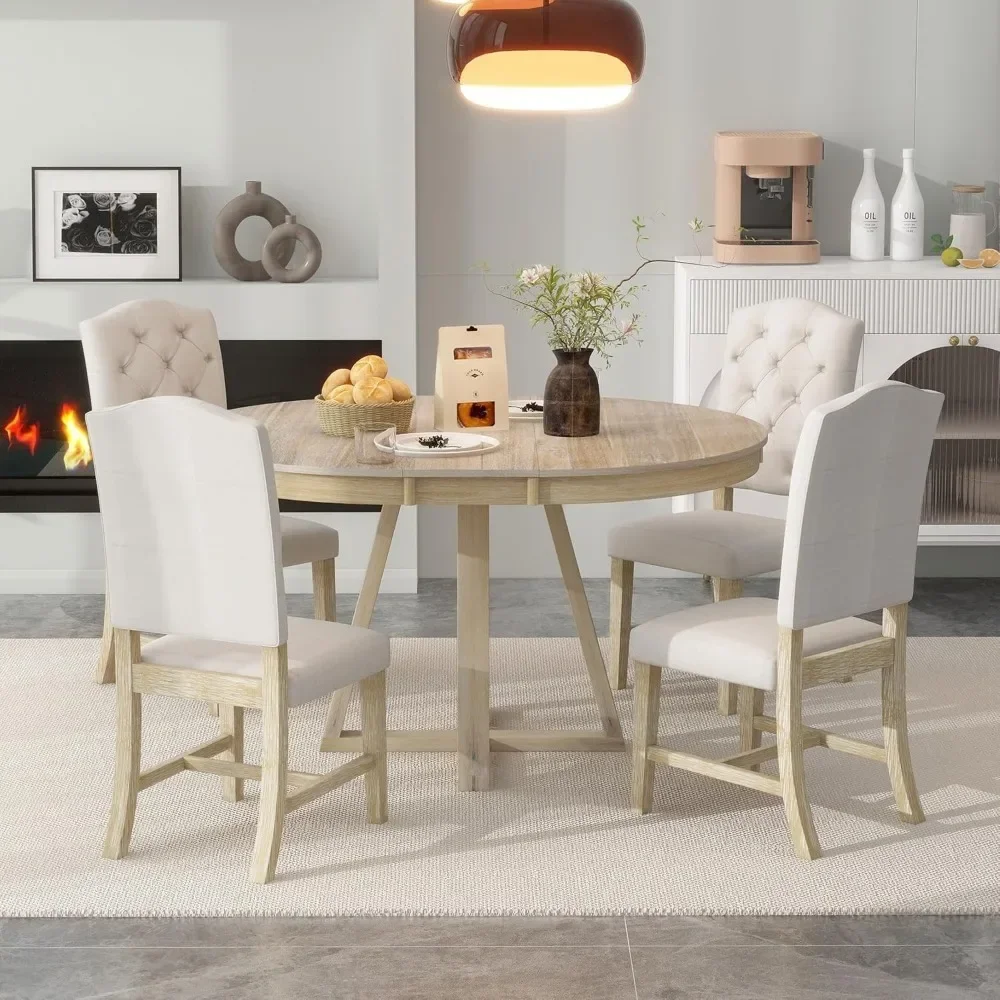 Dining Table and Chairs, 5 Piece Dinings Room Table Set with Extendable Table and Upholstered Chairs,Wood Dining Furniture Set